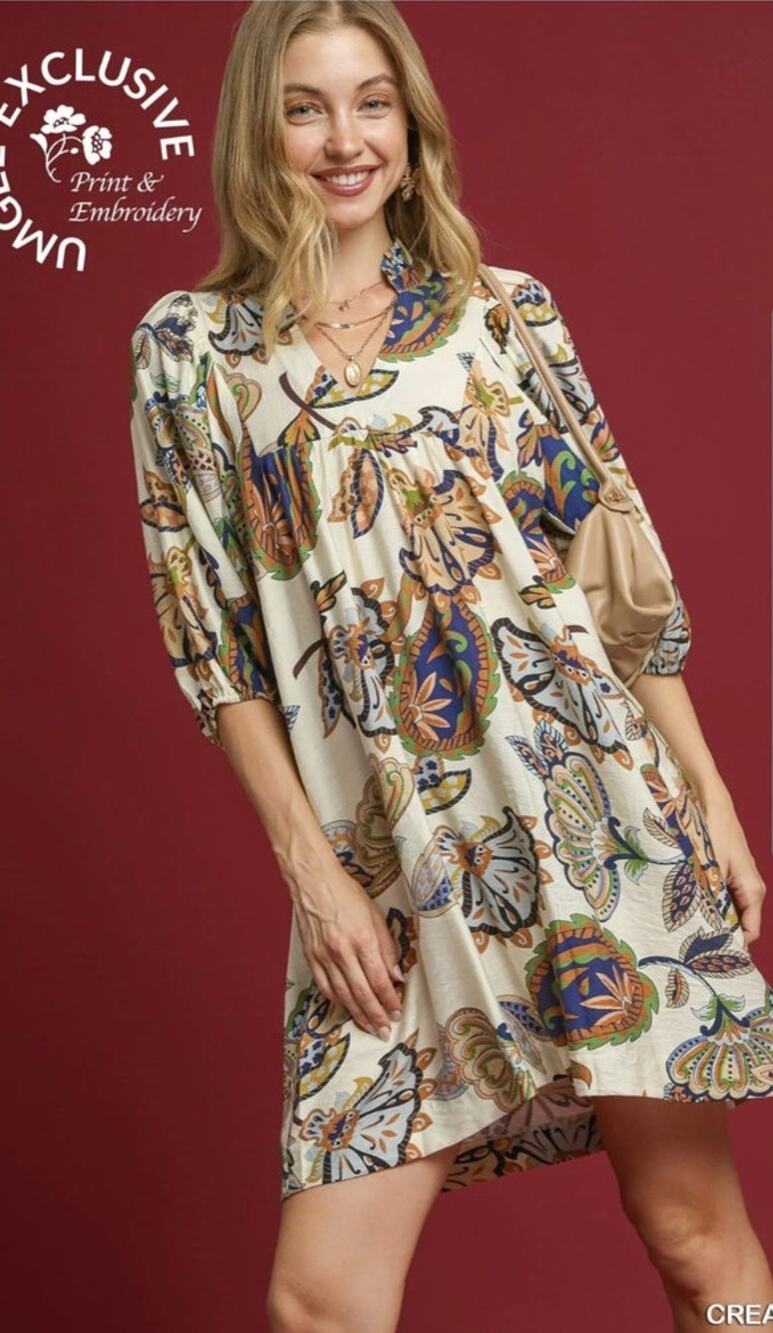 Umgee Abstract Paisley Puff Sleeve Boho Babydoll Mini Dress Size Small